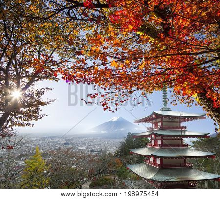 The imaging of Mt. Fuji autumn with red maple leaves Japan