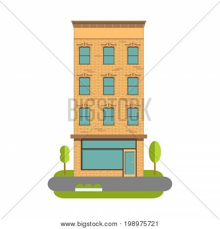 The town house a vector an illustration urban landscape in flat style. Old building.Multi-storey apartment house with shop.The high-rise building with shop on the first floor.City residential building