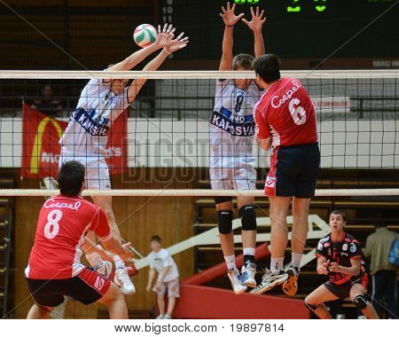 KAPOSVAR, Ungheria - 18 marzo: Roland Gergye (8) blocca la palla a un campionato nazionale ungherese