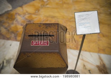 church donation box (offerte in italian) in the famous pantheon church in rome