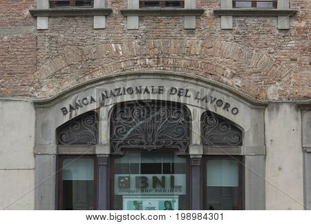 LUCCA, ITALY - AUGUST 15 2015: Architectural close up the historic building headquarters of Banca Nazionale del Lavoro in Lucca city Italy