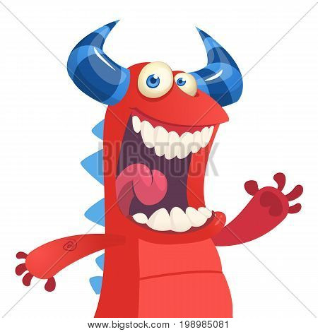 Cartoon portrait of yelling red monster dragon. Halloween vector illustration of red horned monster isolated waving