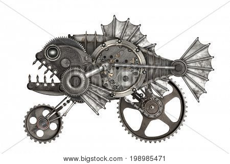 Steampunk style piranha. Mechanical animal photo compilation