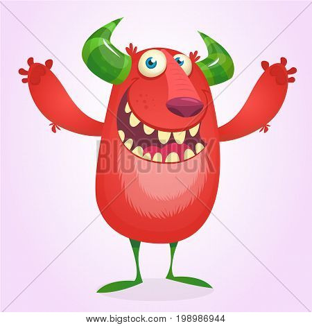 Angry cartoon furry monster. Halloween vector red and horned monster