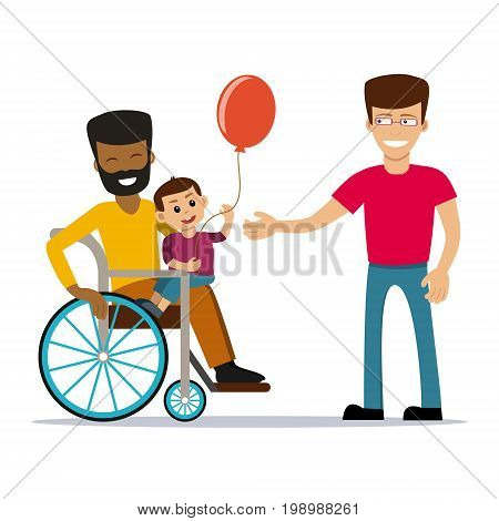 Male gay couple with kid. Same-sex family. Happy homosexual spouses holding a baby. Vector art isolated on art. Cartoon design.