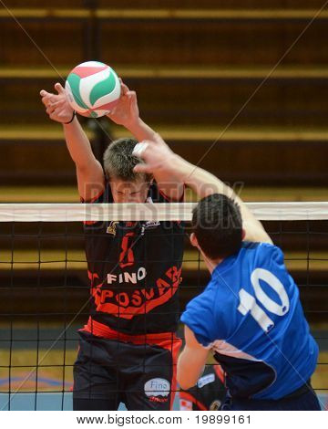 KAPOSVAR, Ungheria - 3 aprile: Roland Gergye (R) in azione una pallavolo campionato nazionale ungherese