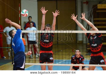 KAPOSVAR, Ungarn - APRIL 3: Jozsef Nagy (R) in Aktion ein Nemzeti Bajnokság-volleyball 