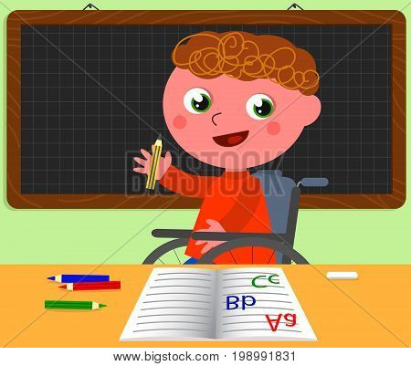 Happy kid in wheelchair in classroom at school, cartoon vector