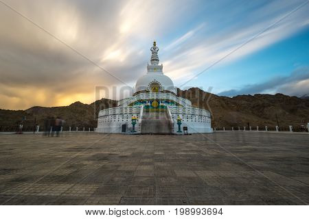Shanti Stupa is a Buddhist white-domed stupa (chorten) on a hilltop in Chanspa, Leh district, Ladakh, in the north Indian state of Jammu and Kashmir.