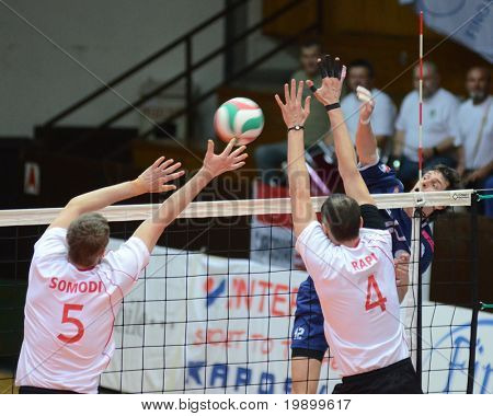 KAPOSVAR, Macaristan - 15 Nisan: Balazs Bagics (içinde mavi) bir Macar ulusal Champ topu grev