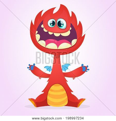 Vector cartoon dragon monster with tiny wings. Red dragon character waving his hands. Furry red dragon illustration. Red monster with big mouth and teeth icon.