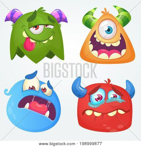 Cute cartoon monsters. Vector set of 4 Halloween monster icons