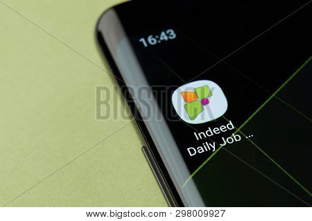 New York, Usa - April 22, 2019: Indeed Job Search Icon Macro View On Smartphone Screen Desktop