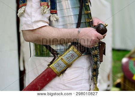 Roman Empire Soldier Holding A Gladius Sword Detail