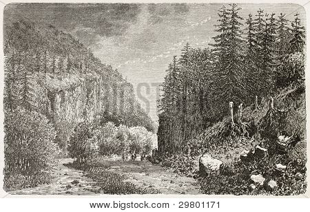 Vallee-des-Roches vecchio vista, dei Vosgi, Francia. Creato da Clerget, pubblicato su Le Tour du Monde, Parigi
