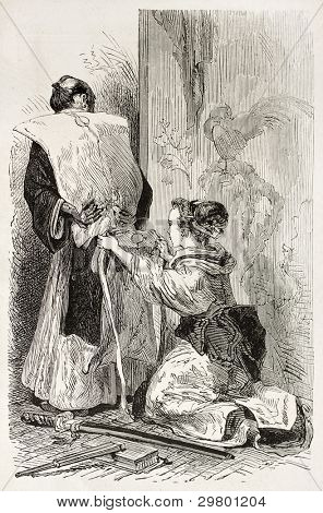 Ilustração antiga de roupas japonesa. Criado por Crepon após o esboço de autor desconhecido, publicado em L