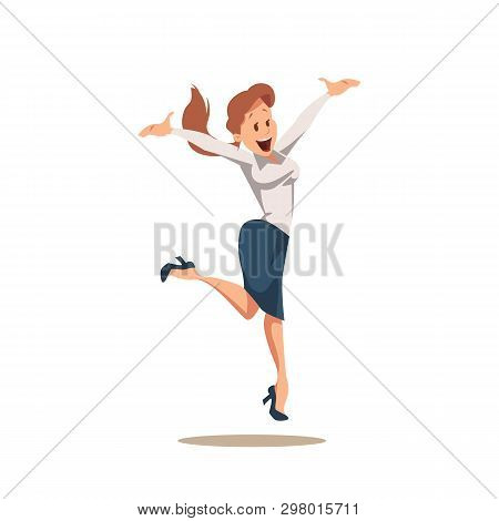Happy Cheerful Businesswoman In Suit Jumping Up. Female Office Worker Character Wearing Formal Cloth