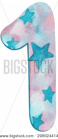 Watercolor Number One With Pink And Cblue Colors And Stars. Hand-drawn Illustration.