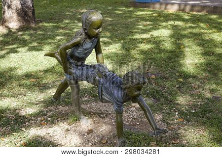 Bayamon/puerto Rico - February 26, 2019: Statue Of Childen Playing Inside Central Park For Kids 