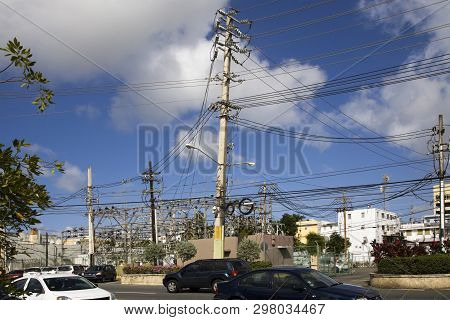 Bayamon/puerto Rico - February 26, 2019: Several Electrical Poles That Power City.