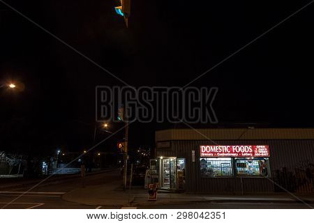 Ottawa, Canada - November 12, 2018: Typical American Convenience Store Opened At Night In A Resident