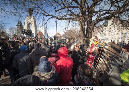 Ottawa, Canada - November 11, 2018: Representatives Of The Indigenous First Nations With Their Tradi