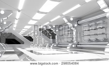 Clean sterile futuristic science fiction interior of a laboratory or spaceship. Generic technology and advanced engineering background. 3D rendering.