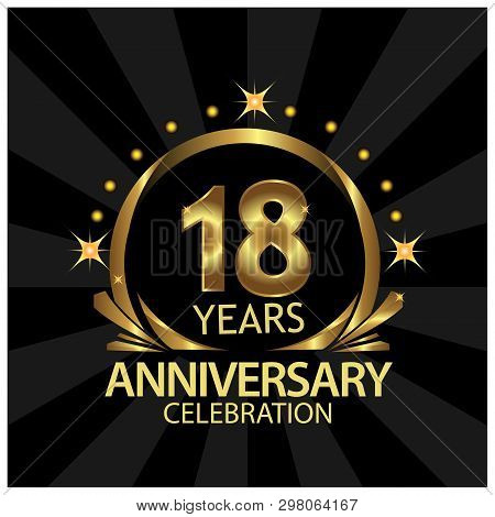 Eighteen Years Anniversary Golden. Anniversary Template Design For Web, Game ,creative Poster, Bookl