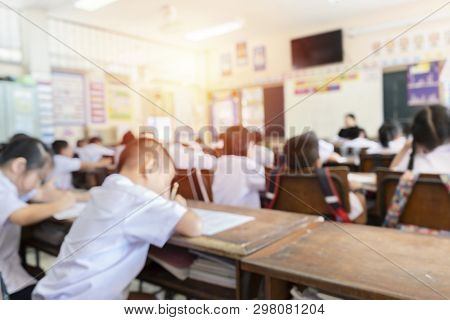 Education Concept. The Classroom Blur, The Classroom Environment In Which The Students Are Intending