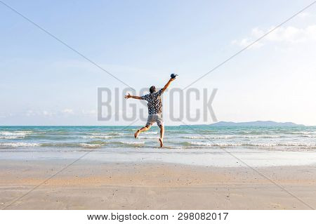 Happy Man Freedom Jump Ocean Sea Scape Background