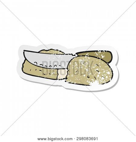 retro distressed sticker of a cartoon slicing bread