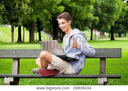 un adolescente con Ambientazione esterna portatile. seduto nel parco mobile internet