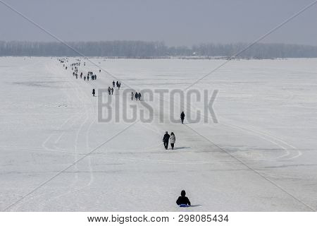 Winter Ferry Across The Volga River In Samara