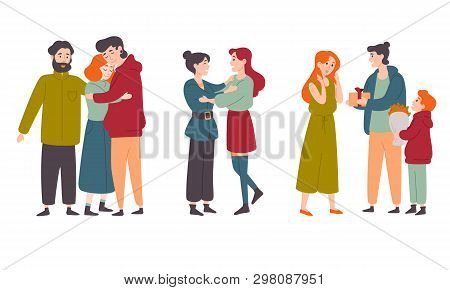 Happy People Hugging, Congratulate Each Other On The Holiday. Families, Friends