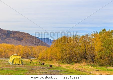 Tent On A Meadow Near Malkinskiye Hot Springs, Peninsula Kamchatka, Russia.