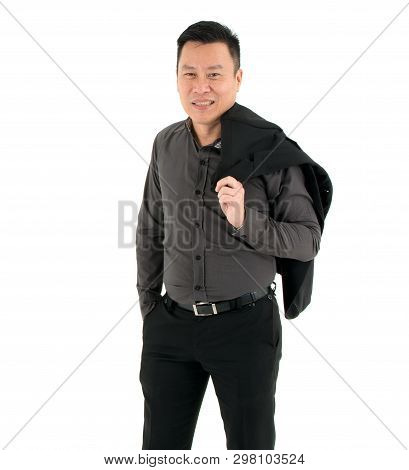 Happy Businessman In Dark Brwon Shirt And Hold Shirt And Smile In Recreation Manner In Isolated On W