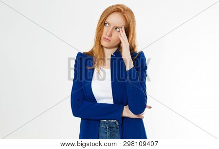 Cute, Young Beautiful Red Hair Woman Do Facepalm. Redhead Suffer Girl Headache Failed To Upset Busin