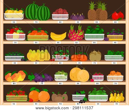 Fruits Supermarket Shelves. Food Farm Store Interior With Fruit Showcase, Fresh Grocery Shop With Ec