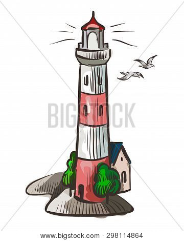 Lighthouse. Sea Light White Watercolor Symbol Beacon With Lighted Night Beam And Seagulls Isolated V