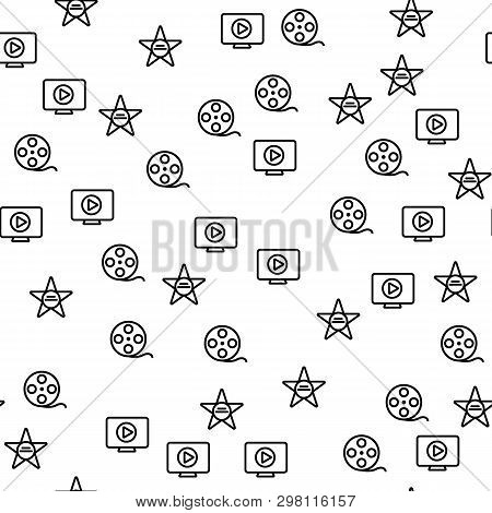 Hollywood Movie Production Star Seamless Pattern. Film Reel Drawing Icon For Abstract Vector Texture
