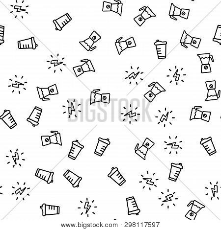 Vegetarian Energetic Drink Seamless Pattern Vector. Bottle Shaker, Blender And Electricity For Make 