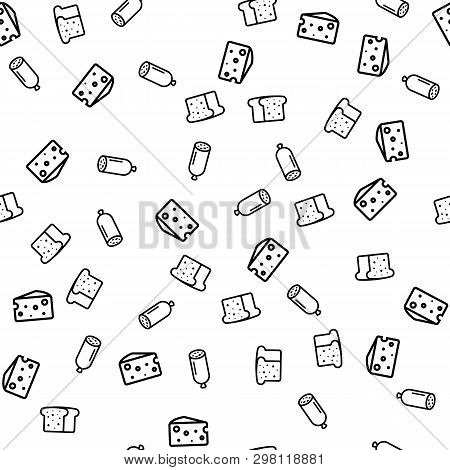 Products For Sandwich Seamless Pattern Vector. Sausage, Cheese And Wheat Bread Nutrition Ingredient 