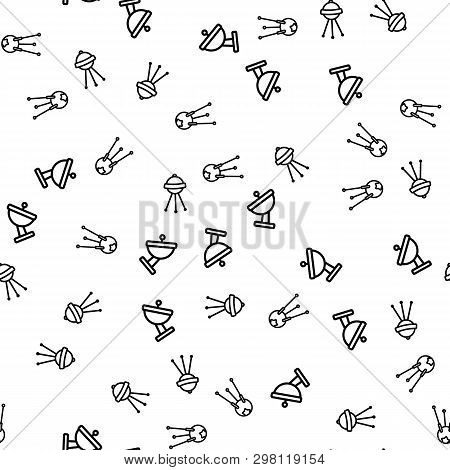 Satellite Communication Seamless Pattern Vector. Satelitte Dish Line, Antenna, Radar, Sputnik Transm