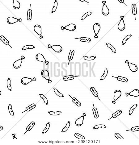 Hot Sausages Corndog On Wand Seamless Pattern. Restaurant Chicken Legs Meal Lunch. Cooking Fresh Hot
