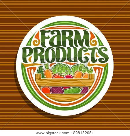 Vector Logo For Farm Products, White Signage With Heap Of Zucchini, Raw Beet Root And Marrow In Wood