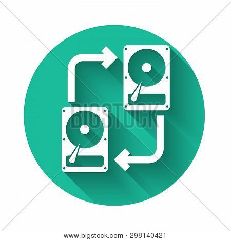 White A Fixed Data Storage Device Hard Disk With Arrows, Data Copy Icon Isolated With Long Shadow. D
