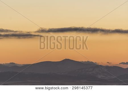 Lysa Peak In Winter Time On Sunrise. View From Fulnek Vrchy, Czech Republic
