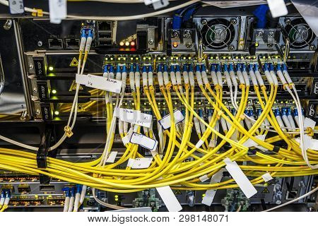 Fiber Optic Connecting On Core Network Swtich Operations Center, Close Up