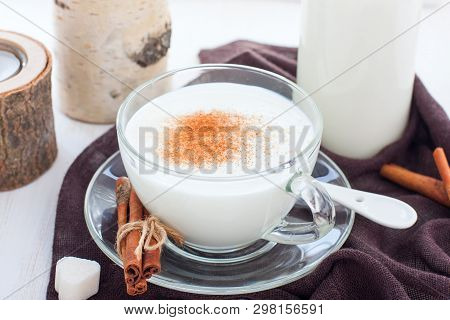 Homemade Kefir In A Glass Cup With Cinnamon And Sugar, Horizontal