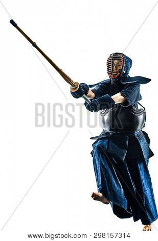 one woman  Kendo martial arts fighters combat fighting in silhouette isolated on white bacground
